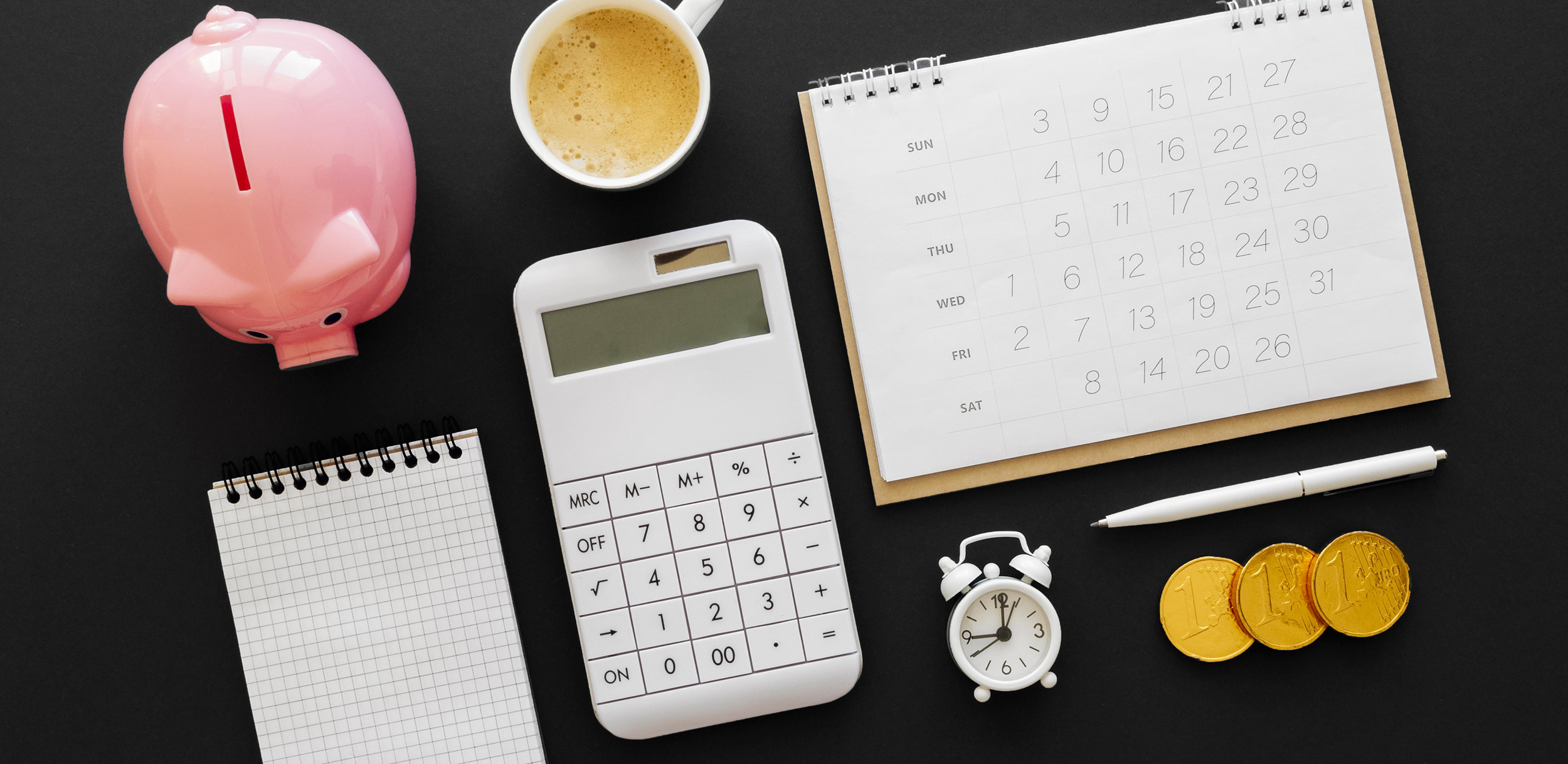 piggy bank, calculator, calendar