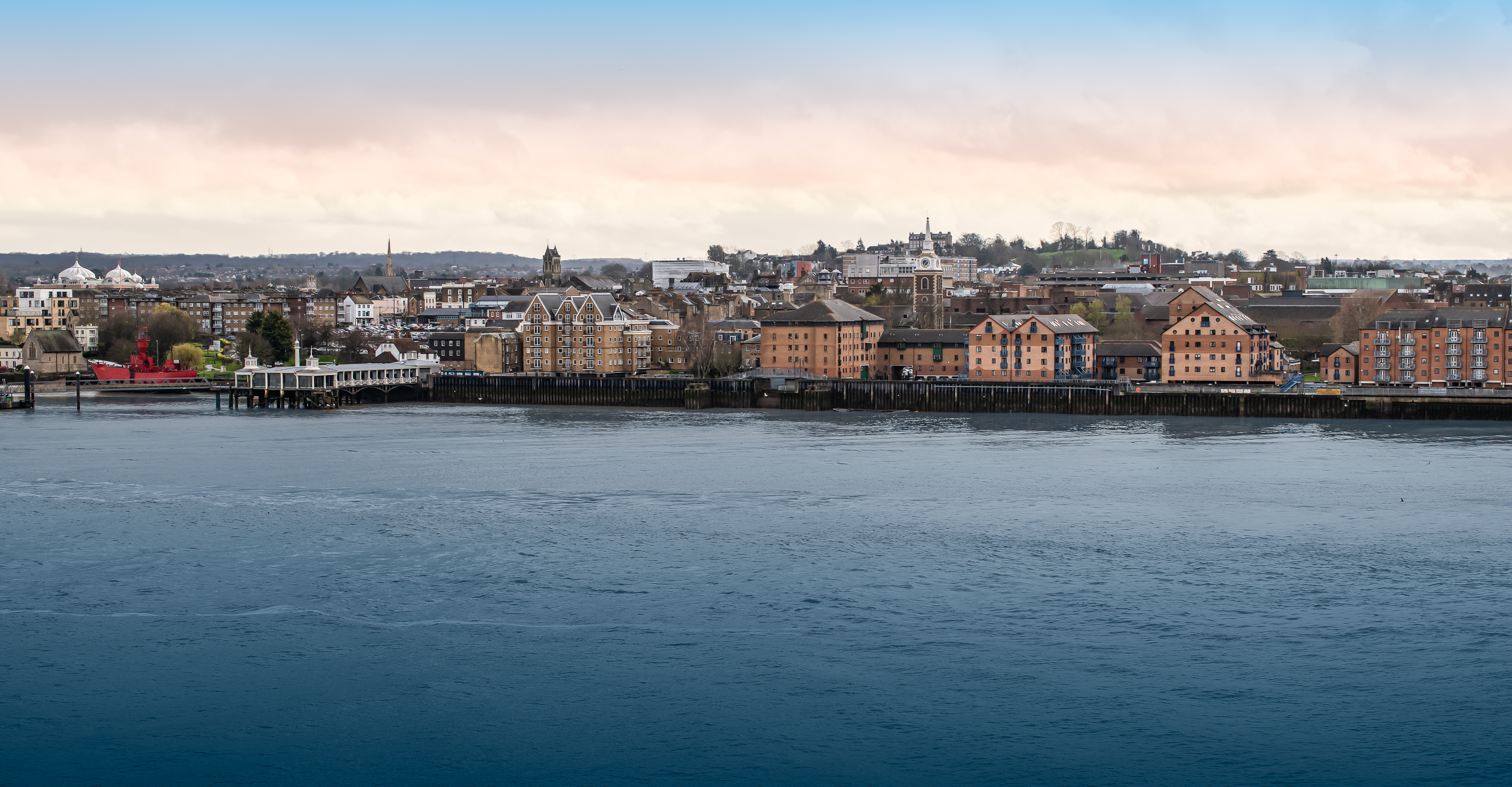 Panoramic view of Gravesend and the Thames river, England, UK