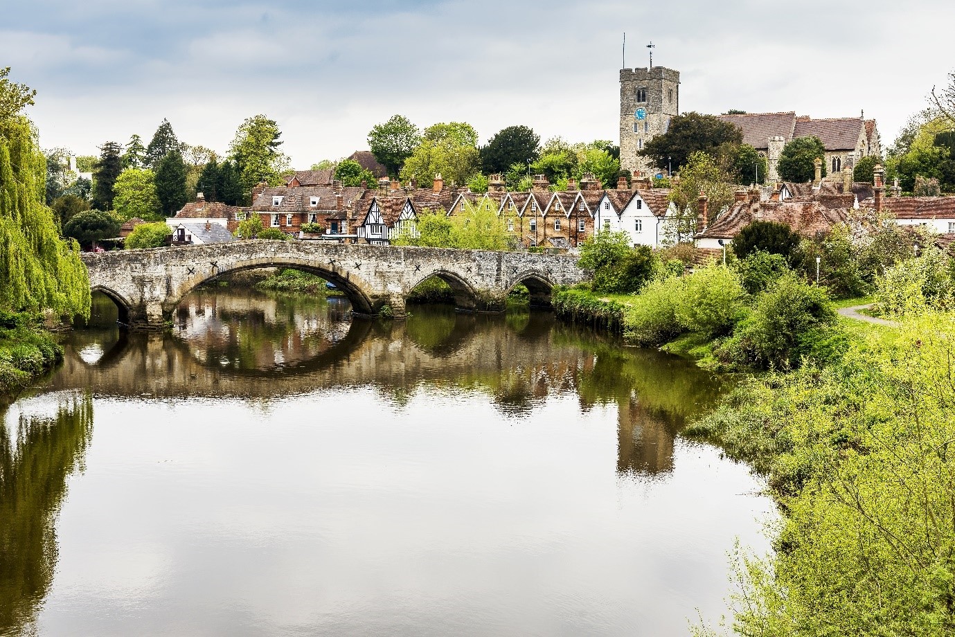 beautiful pretty British waterside village traditional period homes bridge in Maidstone, Kent